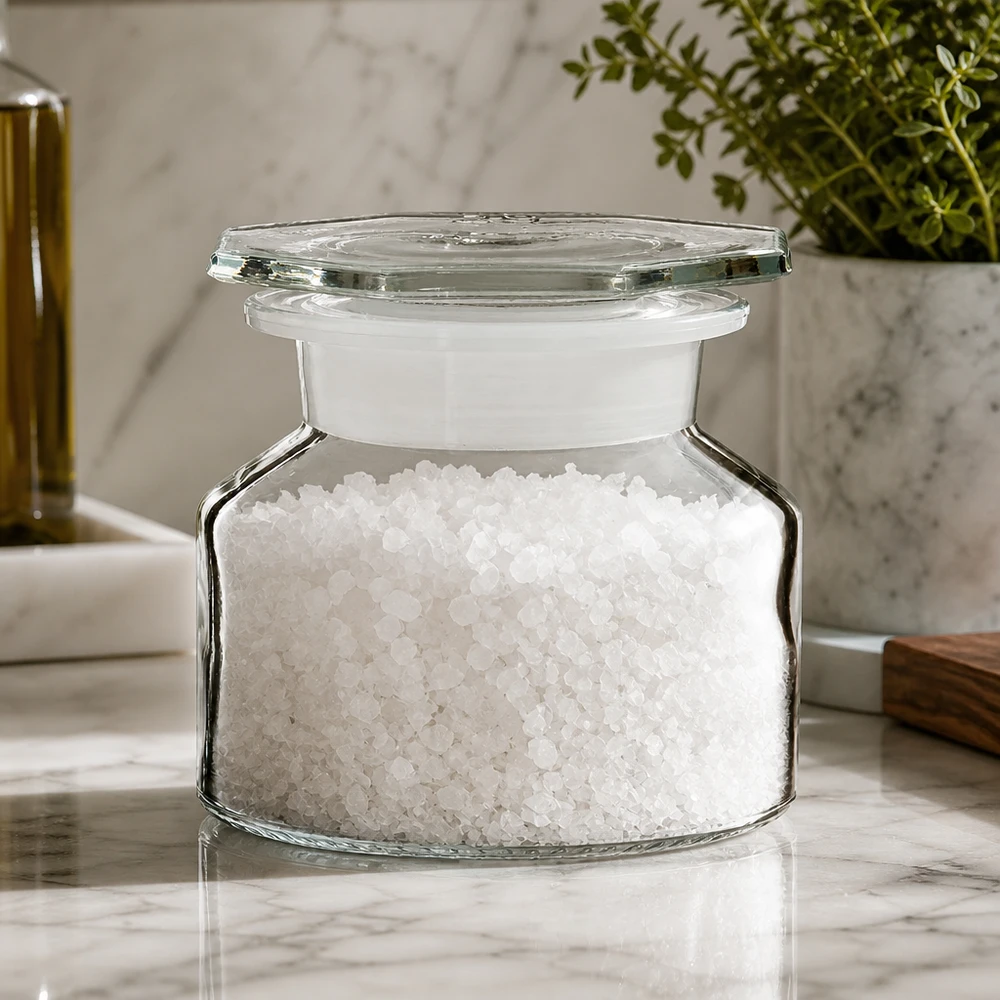 Barattolo di vetro a collo largo con base quadrata da 50 ml, ideale per conservare il sale marino in cucina
