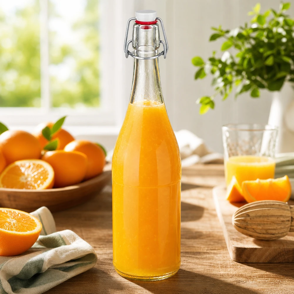 Bottiglia in vetro da 750 ml + tappo a battente in PVC UNiTWIST 750ml Glasflasche Bügelverschluss mit Orangensaft befüllt Sonnenlicht Frühstückstisch frische Orangen vitaminreich