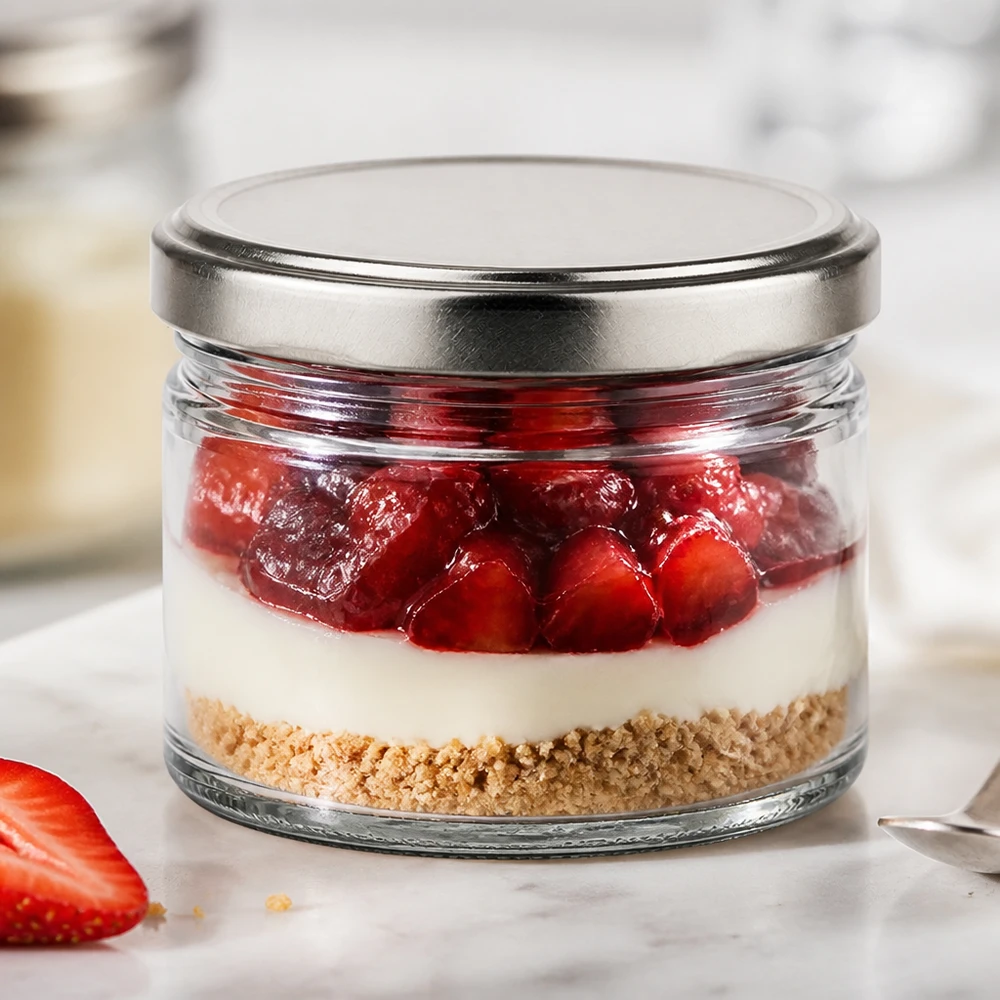 540ml Rundglas + BasicSeal Deckel silber matt UNiTWIST 540ml Rundglas mit silbernem Deckel als Dessertglas für Erdbeer-Cheesecake im Glas, Schichtdessert