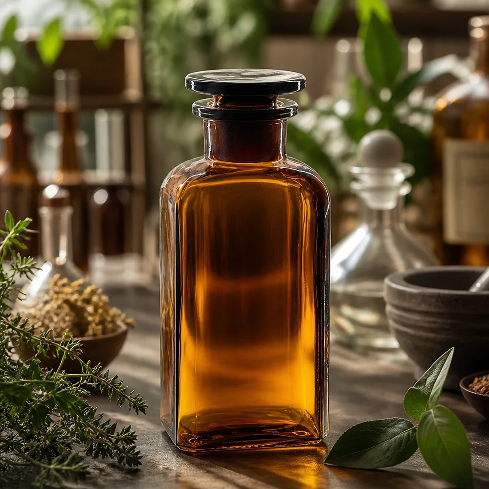 Flacone da farmacia da 250 ml, marrone, a sezione quadrata, con tappo in vetro, protezione UV, per oli ed estratti