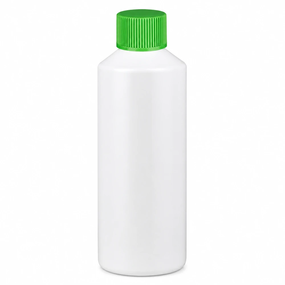Weiße HDPE Rundflasche 100ml mit grünem Sicherheitsverschluss für Apotheke und Labor