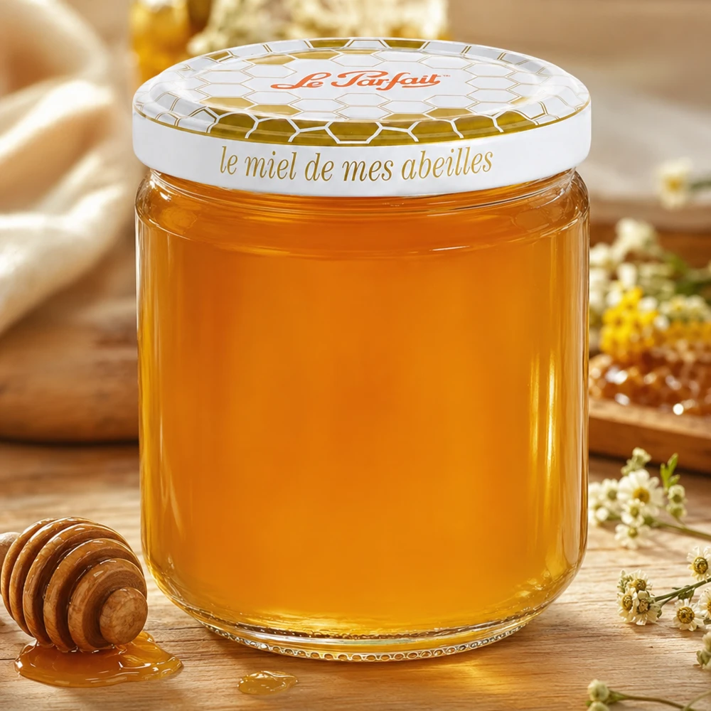 Le Parfait® vaso miele 212 ml Ø63 mm Vasetto di miele Le Parfait da 212 ml pieno di miele dorato accanto a cucchiaio e camomilla su tavolo di legno