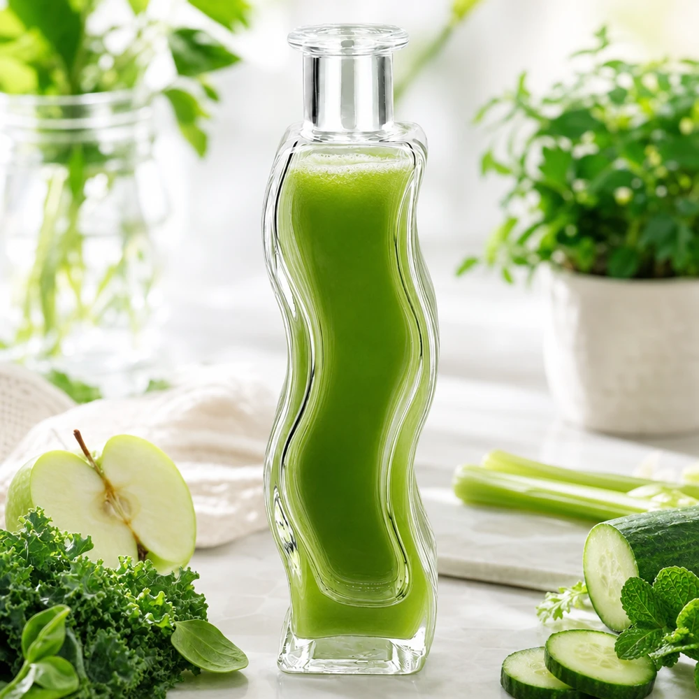 Bottiglia di vetro da 100 ml di Melissa riempita di frullato verde circondata da verdure, mele, cetrioli ed erbe su un tavolo di legno bianco