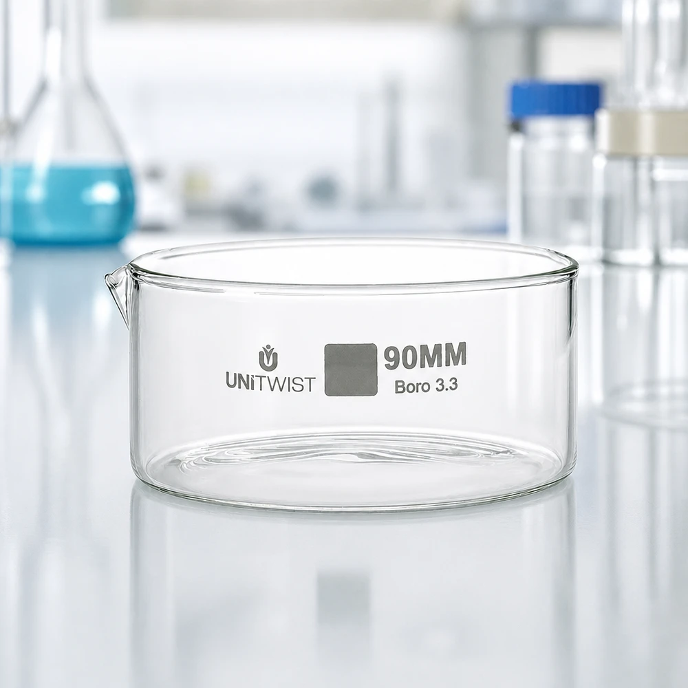Cristallisoir ø90mm verre borosilicaté UNiTWIST Coupelle de cristallisation vide de 90 mm en verre Boro 3.3 sur une surface de laboratoire blanche UNiTWIST