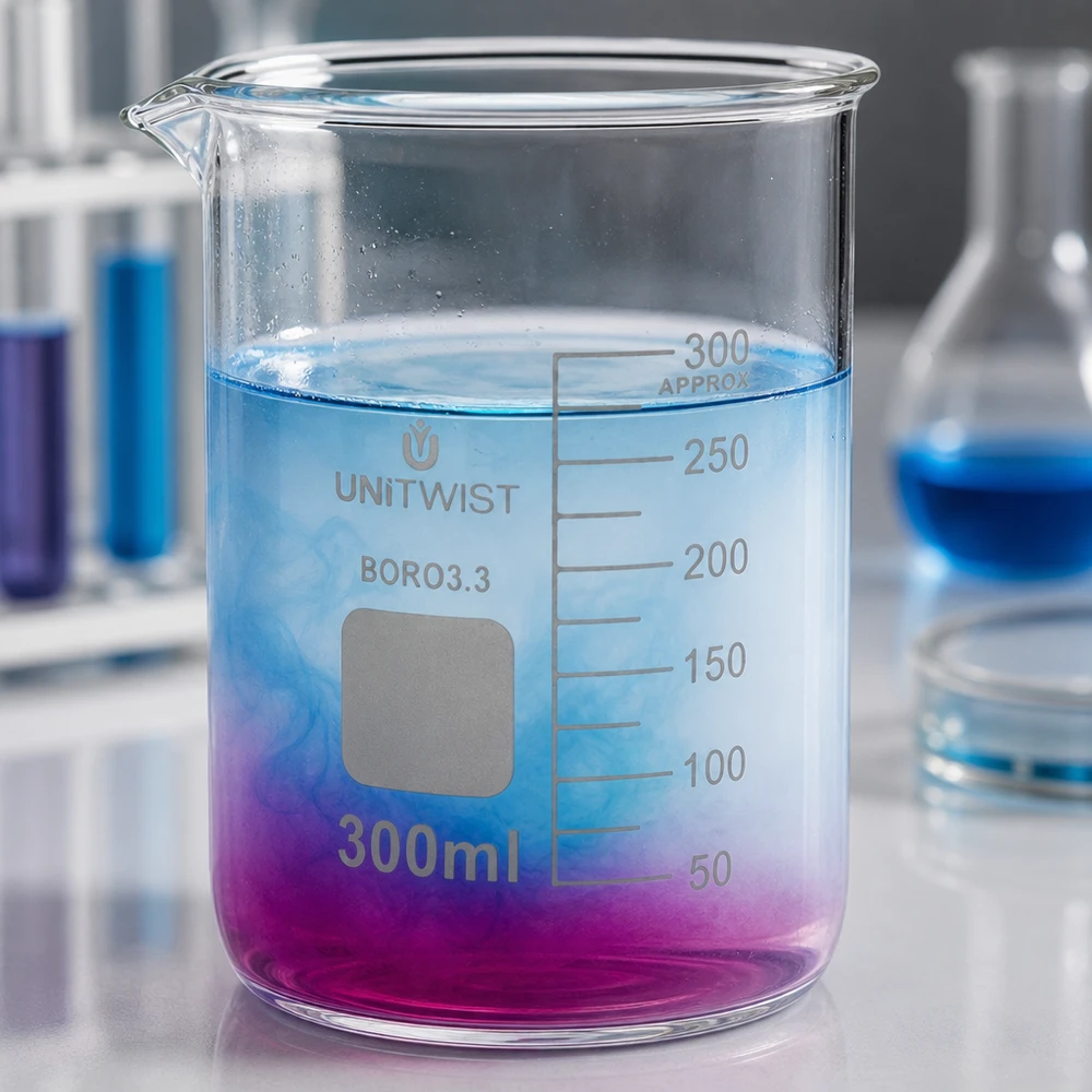 Bicchiere 300ml borosilicato, stampo basso UNiTWIST Becher in borosilicato da 300 ml, forma bassa, con sfumatura blu-viola, da laboratorio