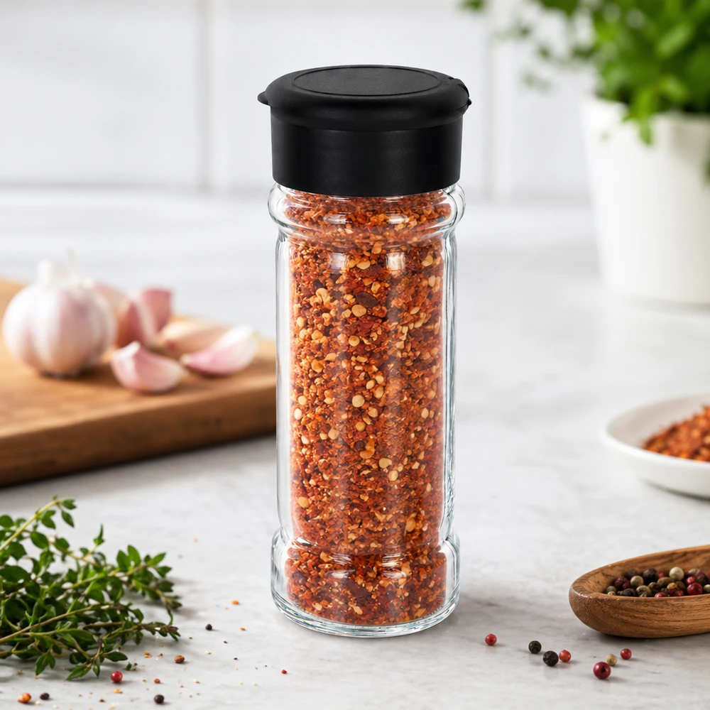 Pot à sel/épices 100 ml avec saupoudreuse, noir Befüllbares Streuglas 100ml aus Glas mit schwarzem Deckel für scharfe Gewürzmischungen