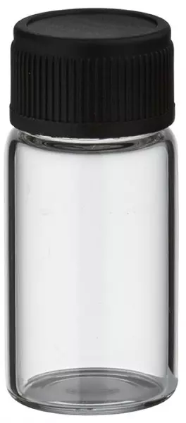 Mini flacon en verre clair 3 ml, filetage M13 avec bouchon à vis noir et joint d’étanchéité Mini flacon en verre clair 3 ml, filetage M13 avec bouchon à vis noir et joint d’étanchéité