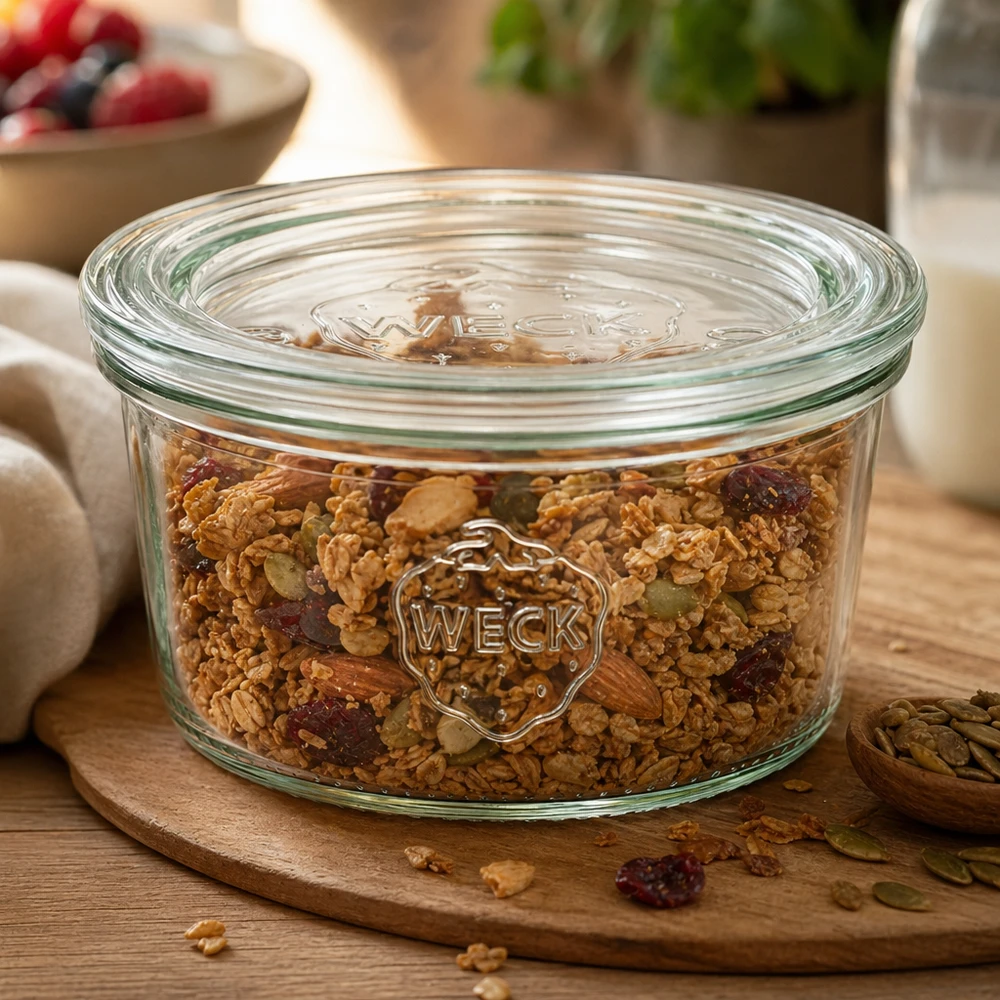 165ml Sturzglas mit Glasdeckel WECK RR80 WECK Sturzglas 165ml RR80 gefüllt mit Müsli und Trockenfrüchten auf rundem Holzbrett zeigt perfekte Vorratshaltung