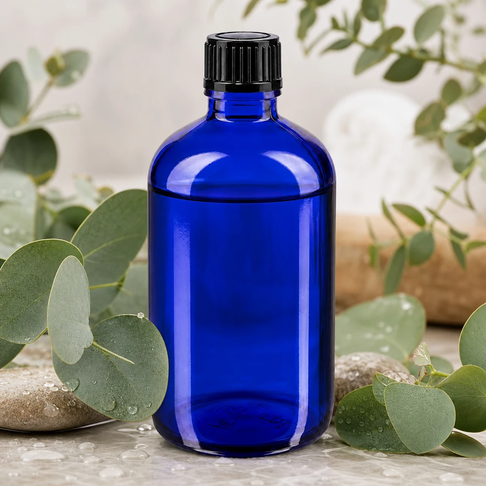 Flacon de pharmacie bleu 100ml bouchon compte-gouttes 1mm noir Std Flacon en verre bleu cobalt de 100 ml muni d'un compte-gouttes noir, entouré de brins d'eucalyptus frais