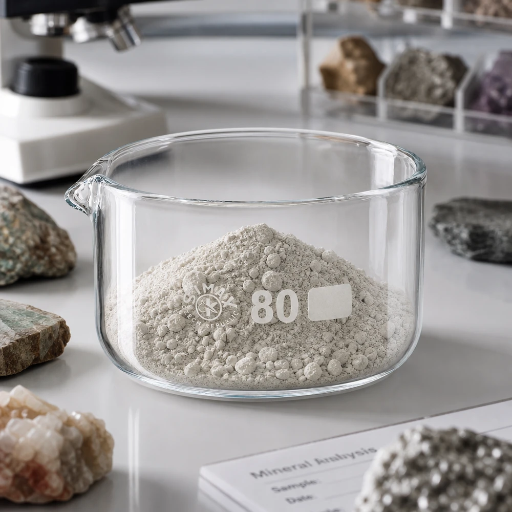 Coupelle de cristallisation 150 ml avec bec verseur Coupelle de cristallisation de 150 ml contenant de la poudre minérale grise, posée sur un plan de travail de laboratoire blanc et entourée d'échantillons de roches de 80 mm de diamètre