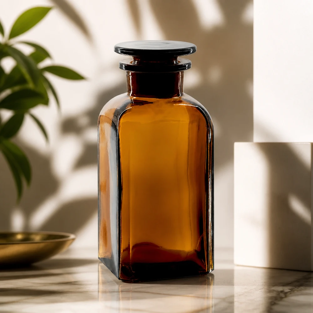 Bottiglia quadrata marrone da 350 ml con collo largo e tappo di vetro su base di marmo