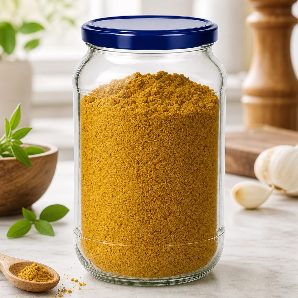 1062ml Rundglas + BasicSeal Deckel blau UNiTWIST 1062ml Rundglas BasicSeal Deckel blau UNiTWIST mit Curry-Gewürzpulver gefüllt Küchenszene Gewürzdose