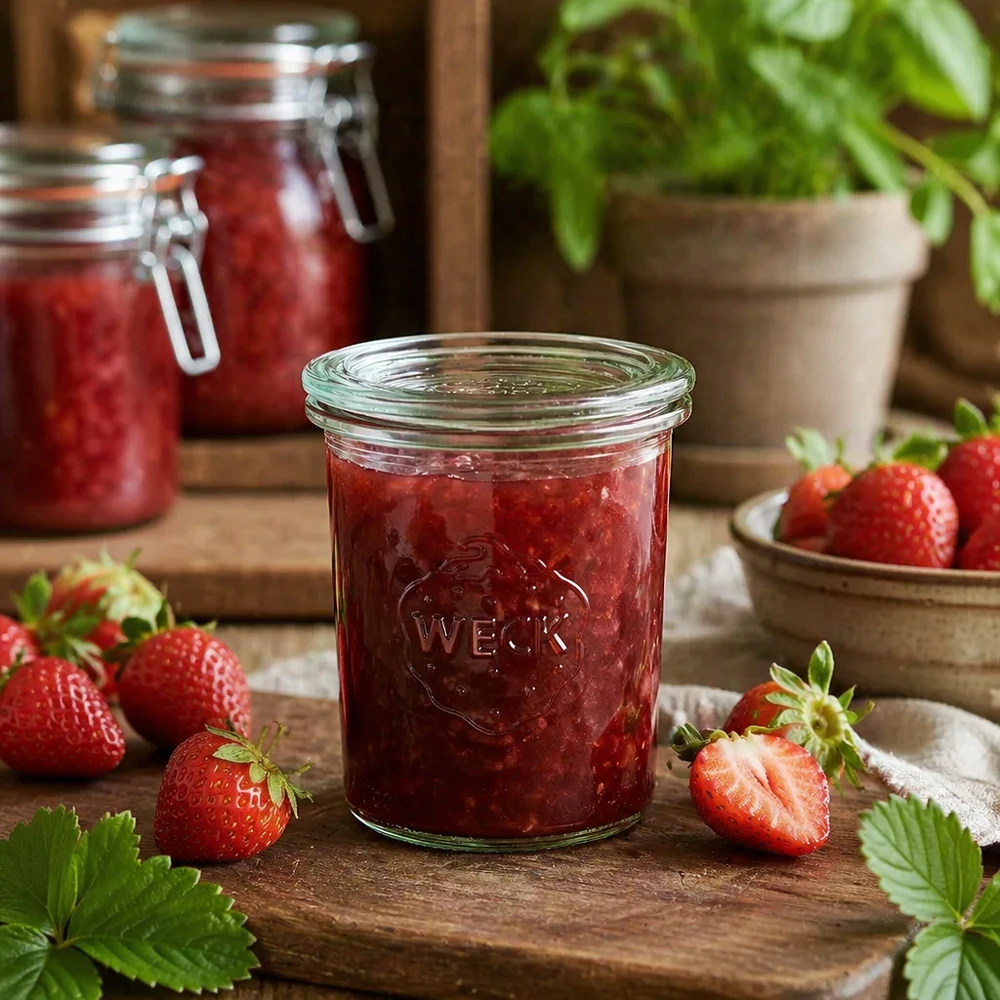 Bocal en verre de 160 ml avec couvercle en verre WECK RR60 WECK Sturzglas RR60 160ml mit hausgemachter Erdbeermarmelade gefüllt, umgeben von frischen Erdbeeren auf Holztisch