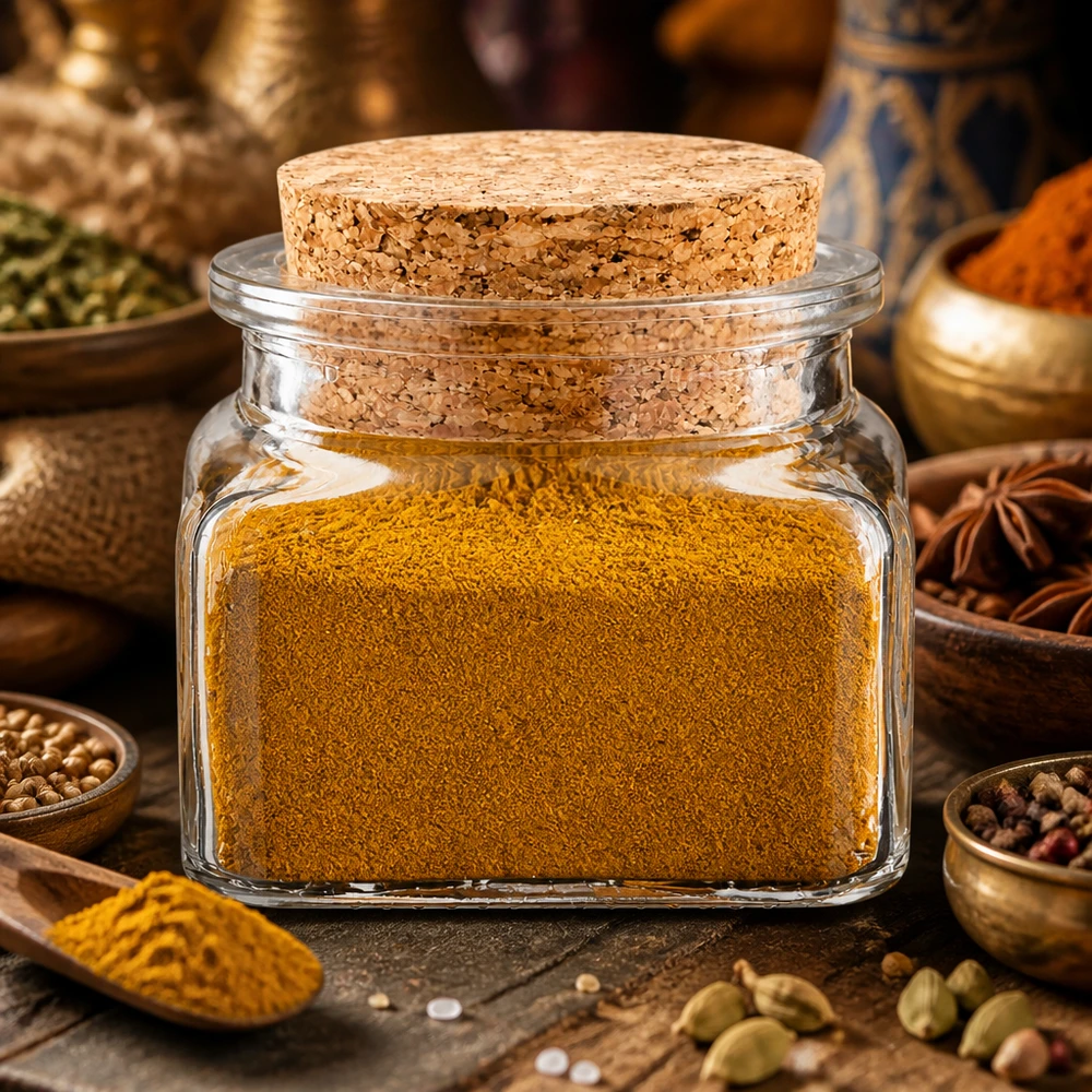 Barattolo di vetro quadrato “Quadratus” da 120 ml con curcuma in polvere nella collezione di spezie orientali