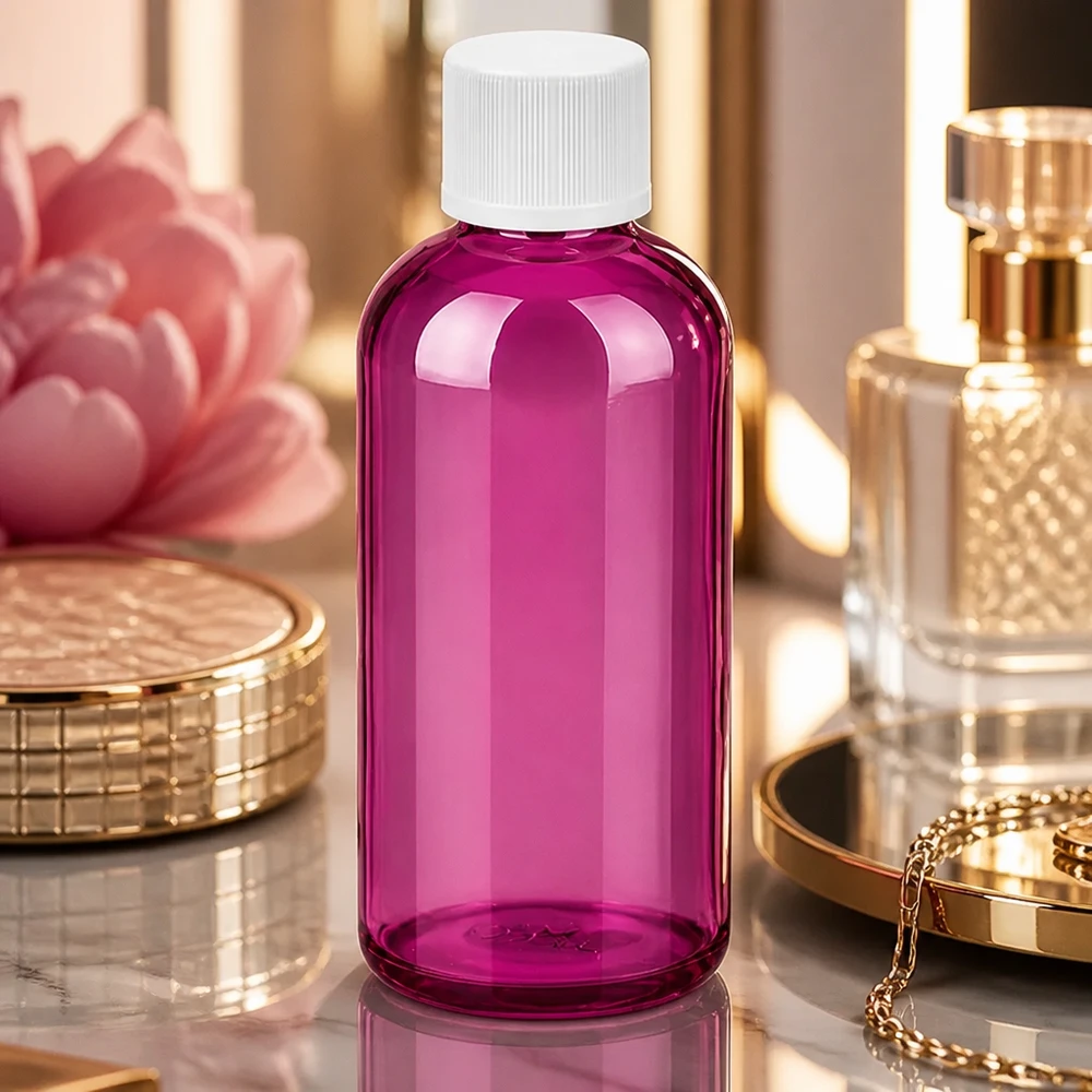 100ml Flasche 11mm Schraubverschluss weiß Standard Kindersicher PurpleLine. UT18/100 Stilvolle purple Kosmetikflasche 100ml mit standardisiertem UT18 Verschluss für Beauty-Routine