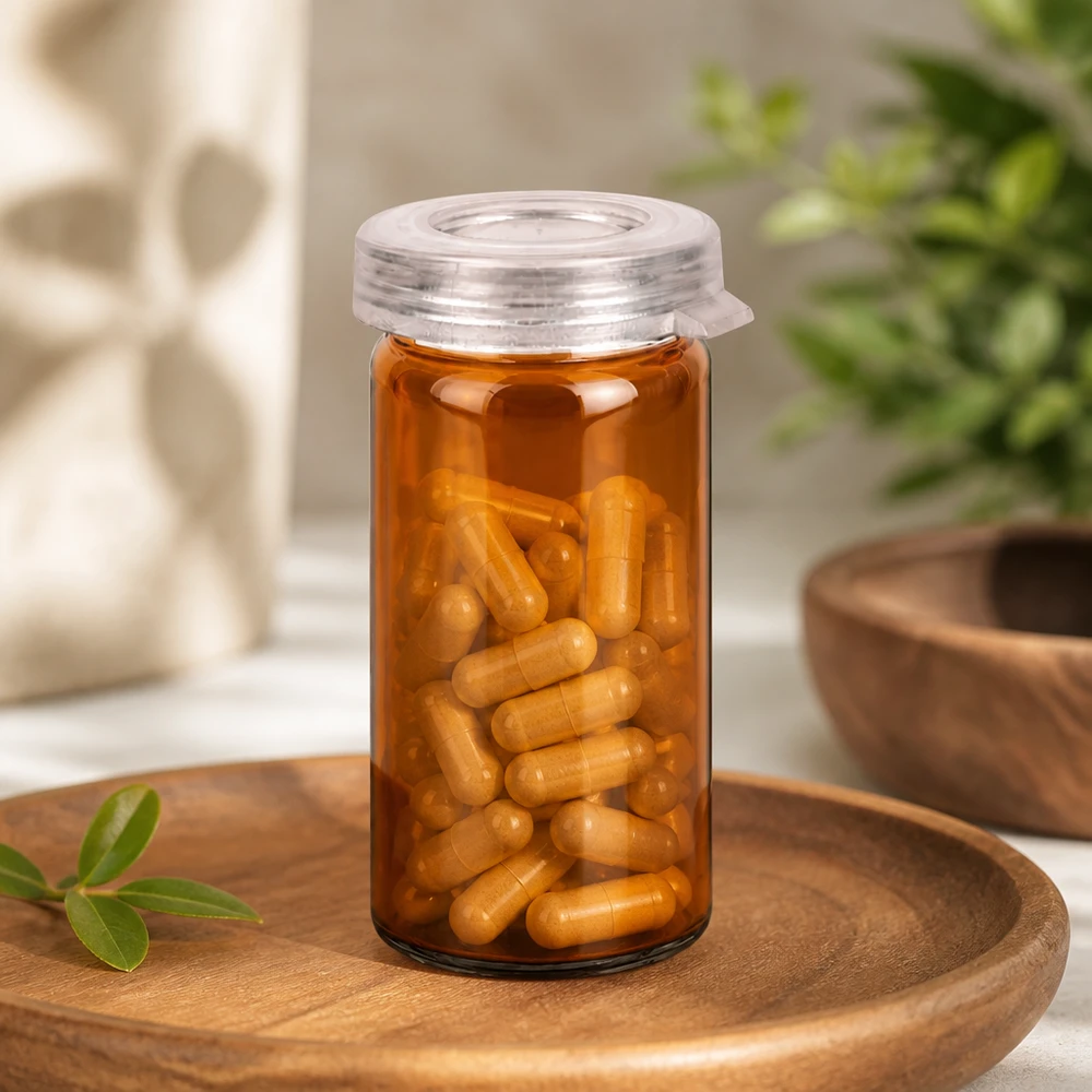 Tabletten/Rollrandglas 5ml klar mit Schnappdeckel Zylindrisches Rollrandglas 5ml aus Braunglas mit kindersicherem Schnappdeckel befüllt