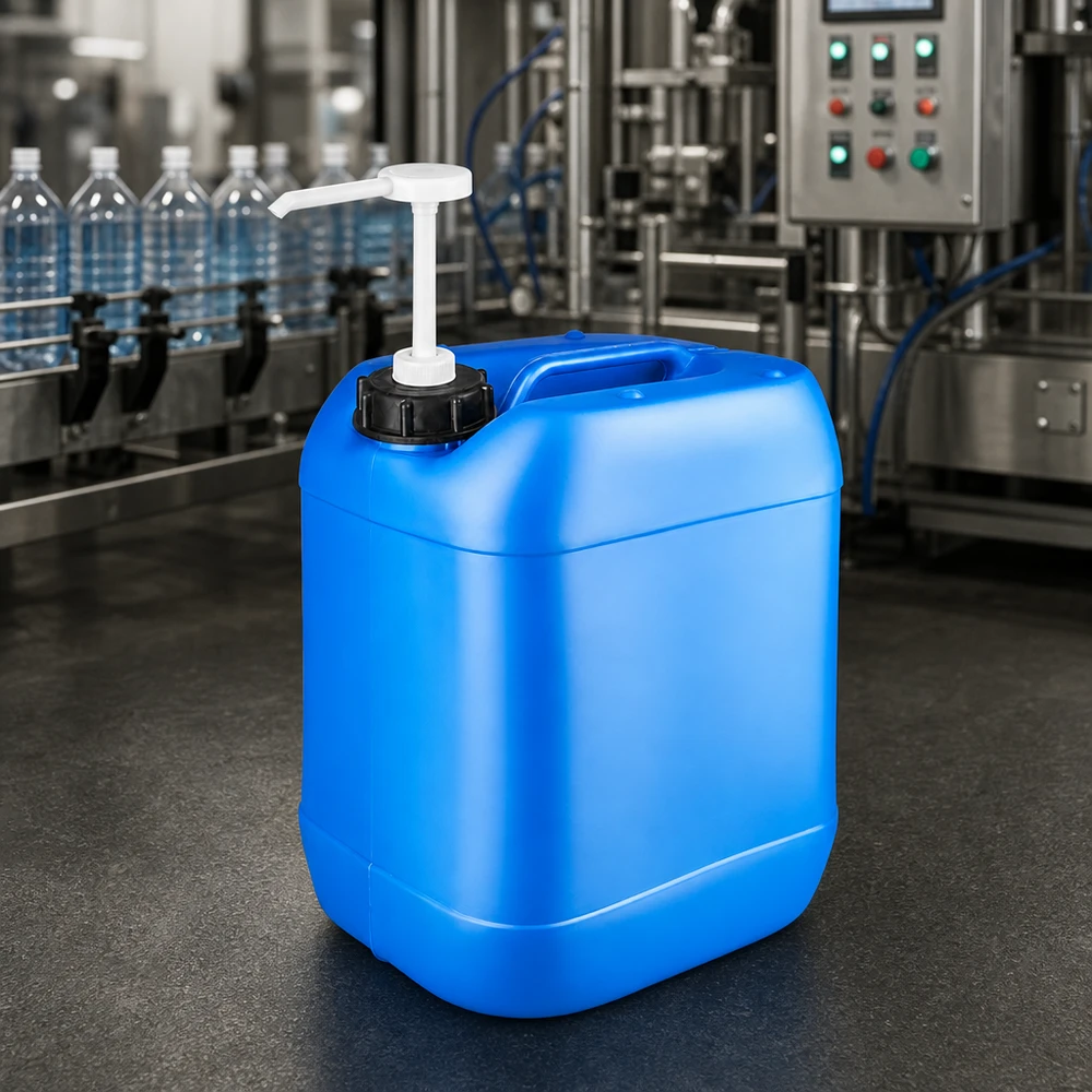 Kanister 20 Liter blau mit Dosierpumpe Stapelbarer Kunststoffkanister 20L blau mit Dosierpumpe und schwarzem DIN-Verschluss