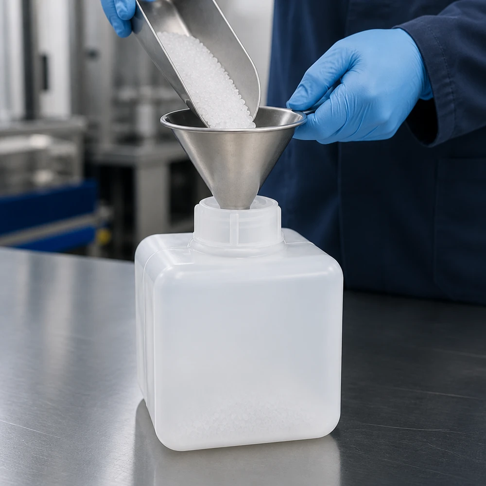 Bouteille en PE-HD à col étroit, résistante aux produits chimiques, de 500 ml, de couleur naturelle, adaptée aux granulés et aux matières solides