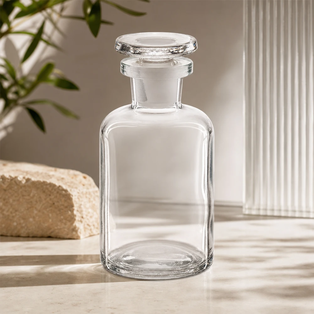 Flacone di vetro trasparente a collo stretto da 50 ml con tappo rotondo in vetro e forma a spalle arrotondate