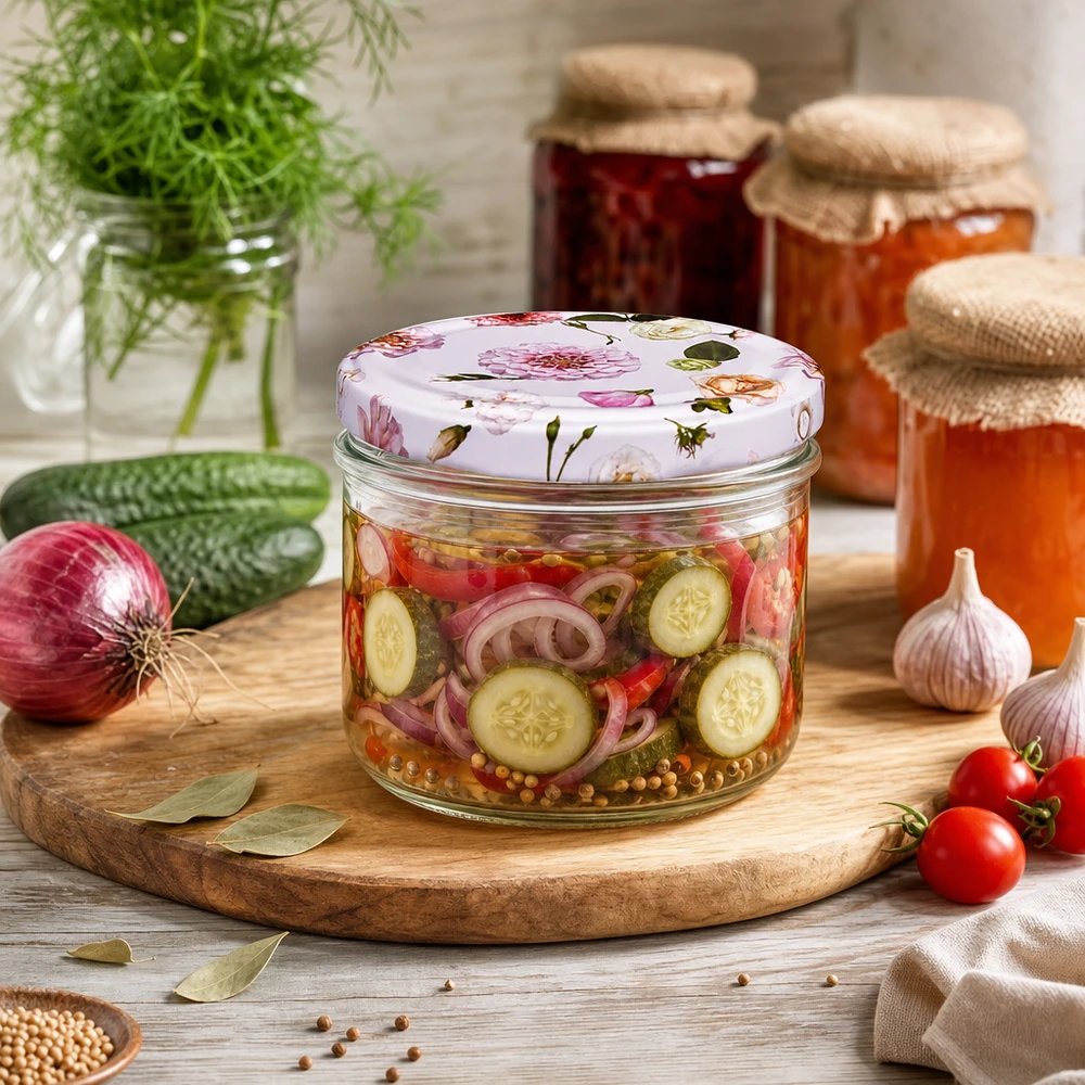 230ml Zylinderglas + BasicSeal Deckel Blume rosa 230ml Zylinderglas mit BasicSeal Deckel Blume rosa für eingelegte Gurken - Pickles und Konserven in Küche