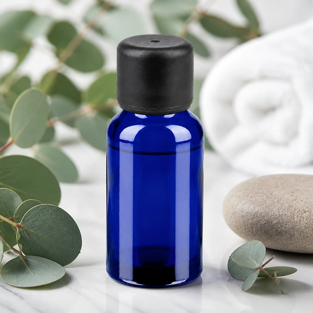 Flacone professionale in vetro blu da 20 ml con tappo standard per la conservazione sicura delle essenze