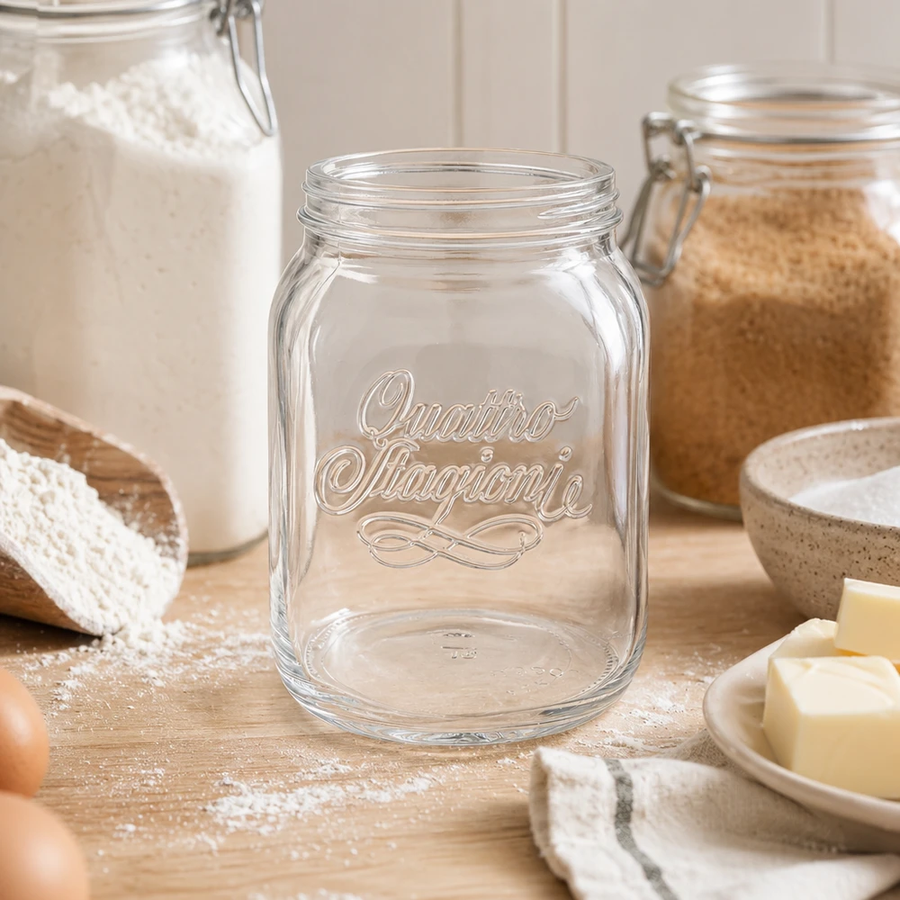 Vaso domestico "Quattro Stagioni" da 2000 ml Quattro Stagioni 2000ml Vorratsglas in Küche mit Mehl und Küchenutensilien für stilvolle Lebensmittelaufbewahrung
