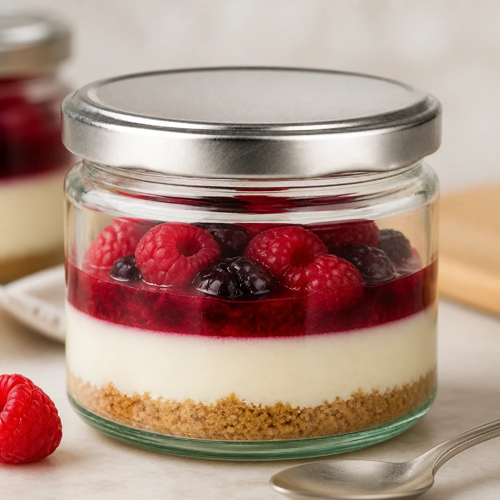 Vasetto rotondo da 330 ml con coperchio BasicSeal argento riempito di dessert lamponi cheesecake ai mirtilli in vasetto