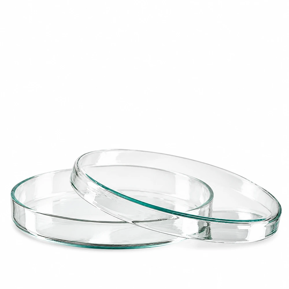 Boîte de Petri en verre 100 x 15 mm Deux boîtes de Pétri rondes en verre, transparentes, de 100 x 15 mm, empilées sur un fond blanc