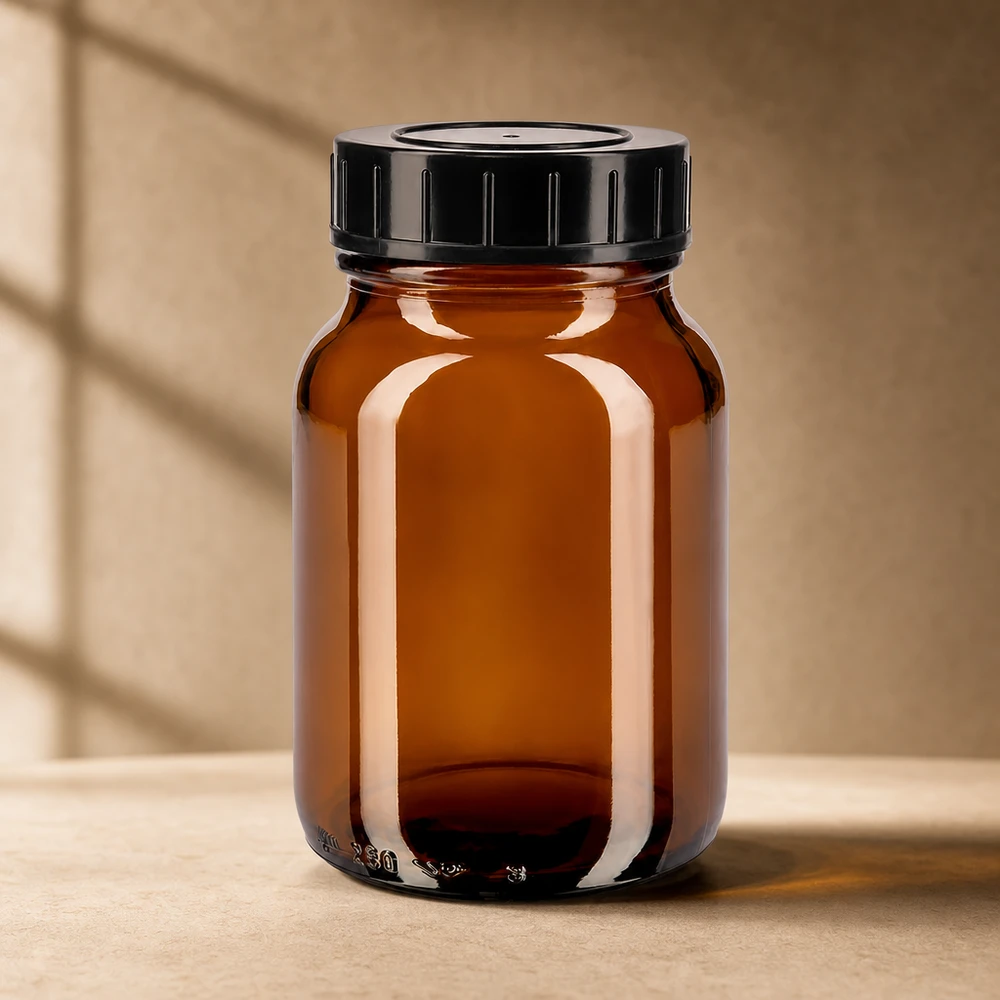 Bocal à col large en verre ambré 250 ml + couvercle à vis Bouteille Premium en verre brun à col large 250ml avec bouchon à vis de sécurité pour enfants pour la pharmacie familiale