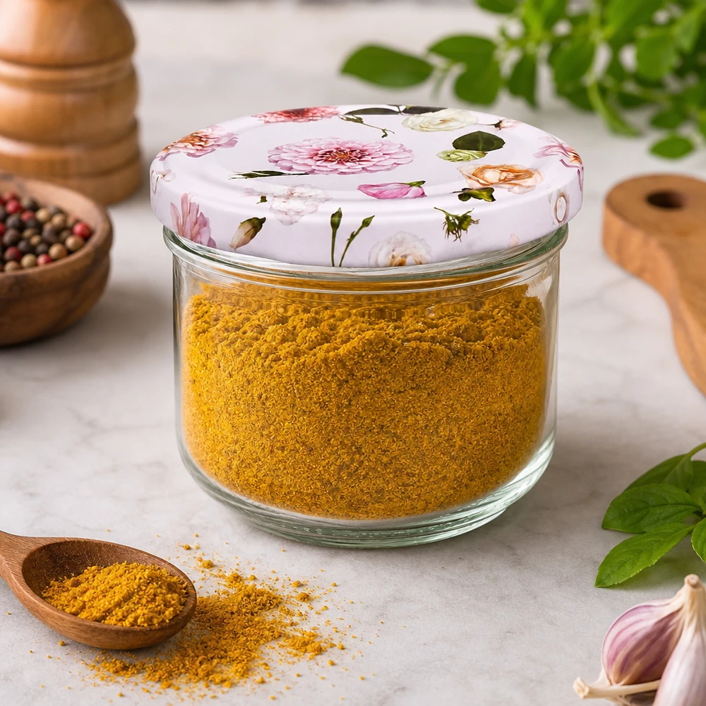 260ml Sturzglas + BasicSeal Deckel Blume rosa UNiTWIST BasicSeal Sturzglas 260ml mit Blumendeckel gefüllt mit Kurkuma-Gewürz - Gewürzaufbewahrung in dekorativem Vorratsglas