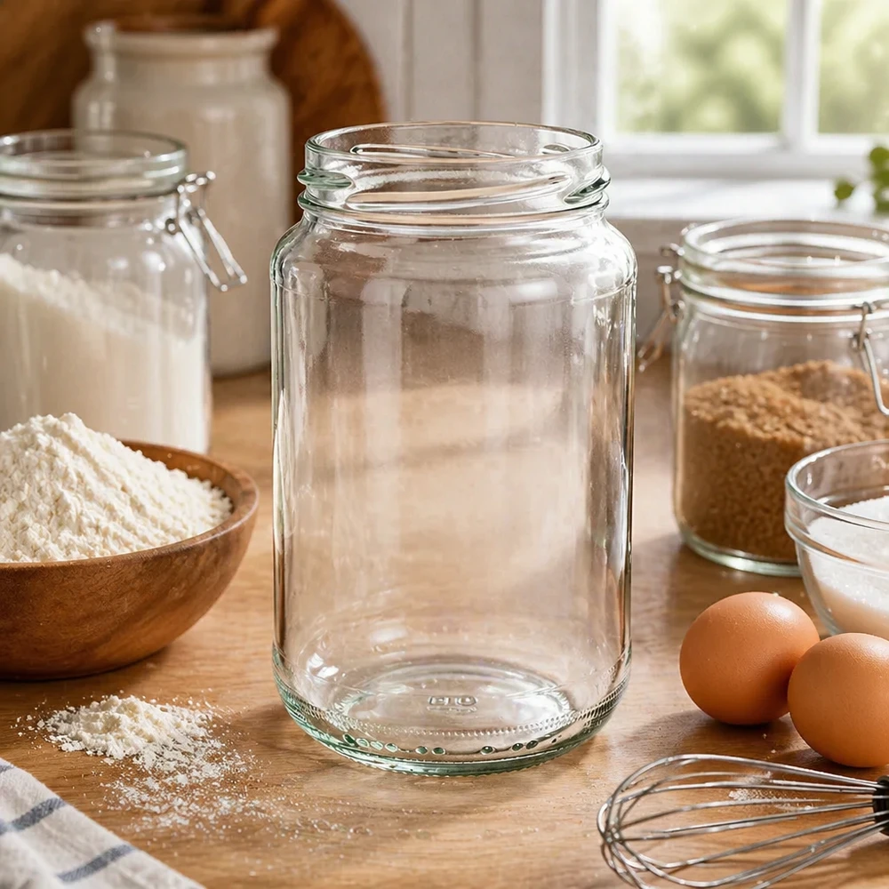 UNiTWIST Runda375 Rundglas in Küche mit Backzutaten Mehl Eiern und anderen Vorratsgläsern als Küchenausstattung