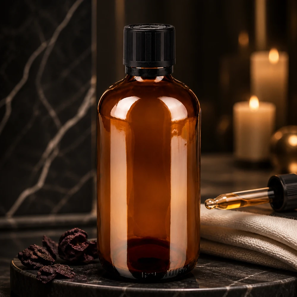 Apothekenflasche braun 100ml Tropfer Premium 1mm schwarz Kindersicherung Blindenwarnsymbol Originalitätsverschluss Bernsteinfarbene Glasflasche 100ml mit schwarzem OV Verschluss für ätherische Öle und Tinkturen