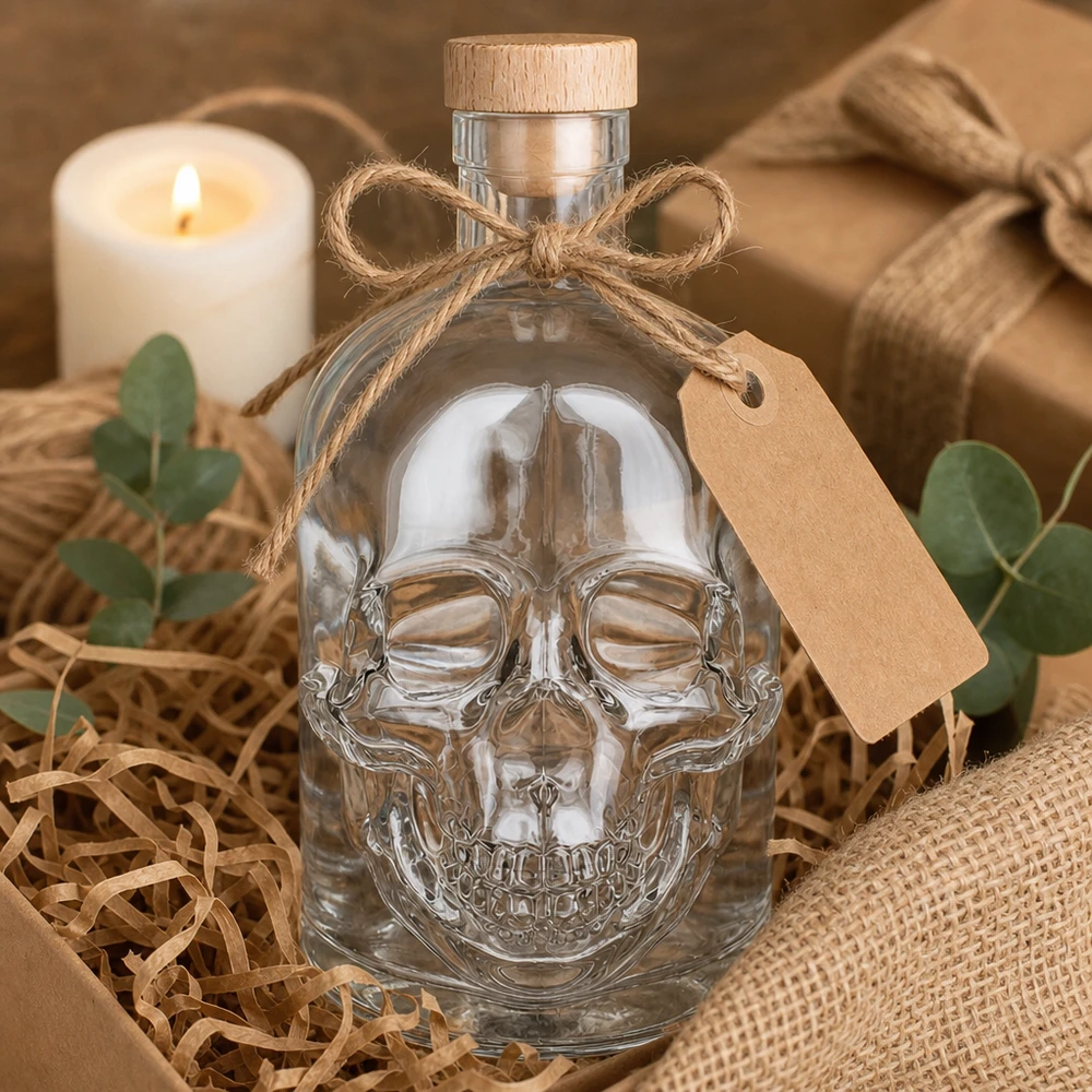 500ml Glasflasche "Jack" mit Holzgriff-Korken UNiTWIST Totenkopf Glasflasche Jack 500ml als Geschenk verpackt mit Korken, Jutesack, Kerze und Eukalyptus Deko