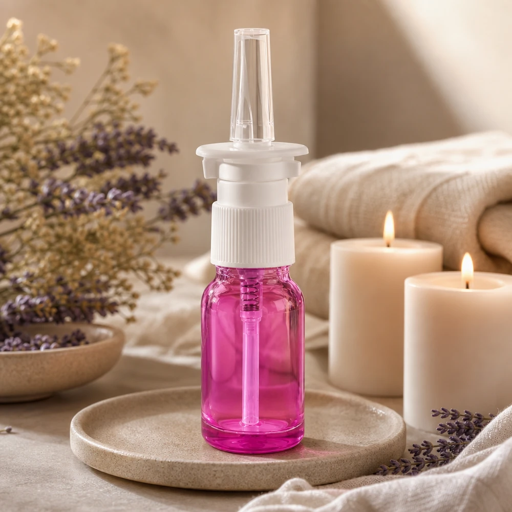 Flacone spray nasale medicale da 10 ml con testina bianca in un attraente colore viola