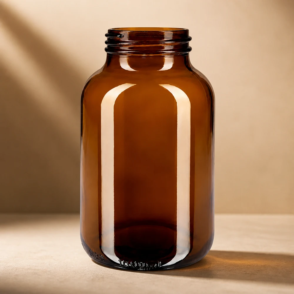 Bocal à col large en verre ambré 1000 ml, goulot DIN 68, sans couvercle Bouteille en verre robuste de 1000 ml de couleur brune pour la protection contre les UV et les rayons nocifs