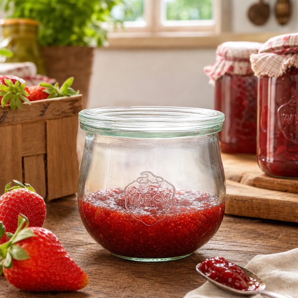 Barattolo a tulipano da 370 ml con coperchio in vetro WECK RR80 Vaso a tulipano WECK 370ml RR80 riempito di marmellata di fragole in una cucina rustica accanto a fragole fresche e barattoli da conserva