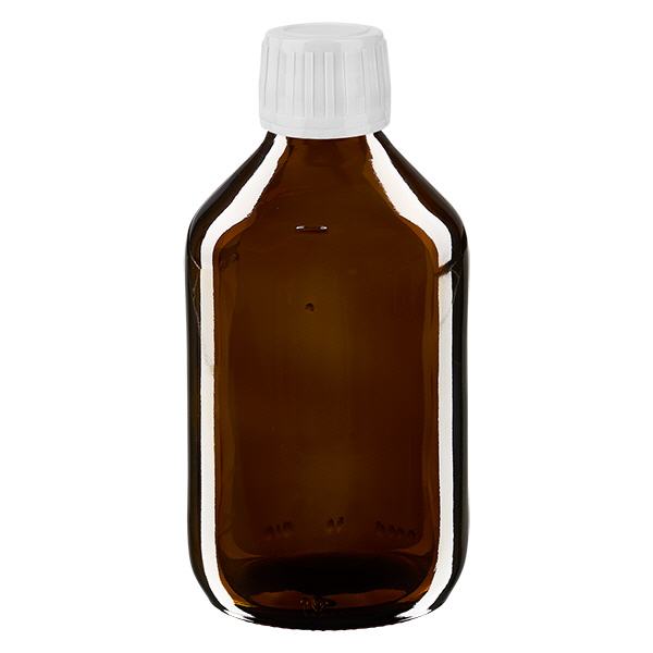 Flacone per medicinali da 250 ml marrone, tappo bianco con chiusura antimanomissione Flacone per medicinali da 250 ml marrone, tappo bianco con chiusura antimanomissione