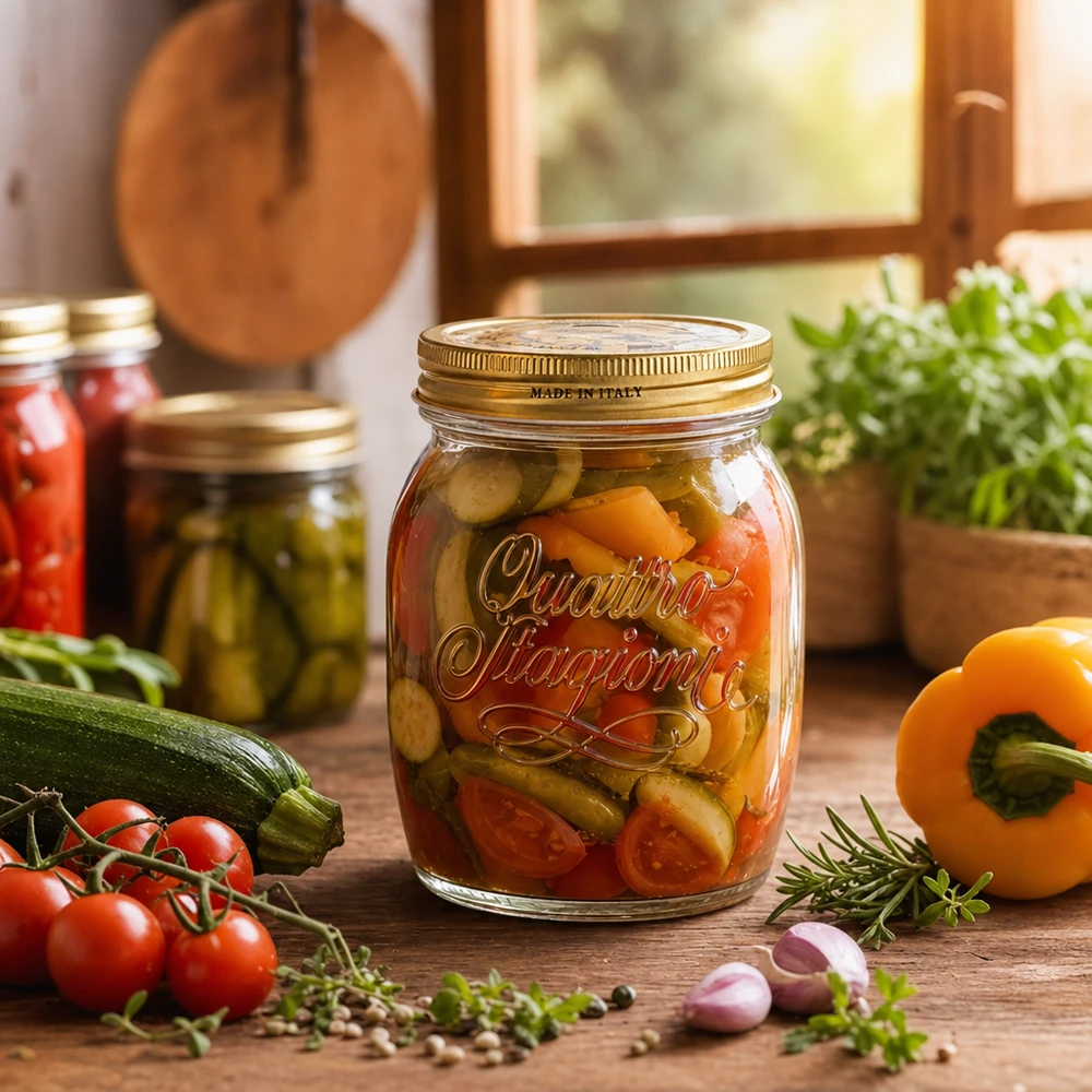 Barattolo da 700 ml per conserve Quattro Stagioni con verdure sottaceto circondato da ingredienti freschi su un tavolo di legno rustico