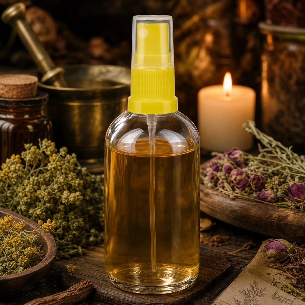 ClearLine UT18, flacone spray da 100 ml giallo, riempito con olio alle erbe in stile farmacia