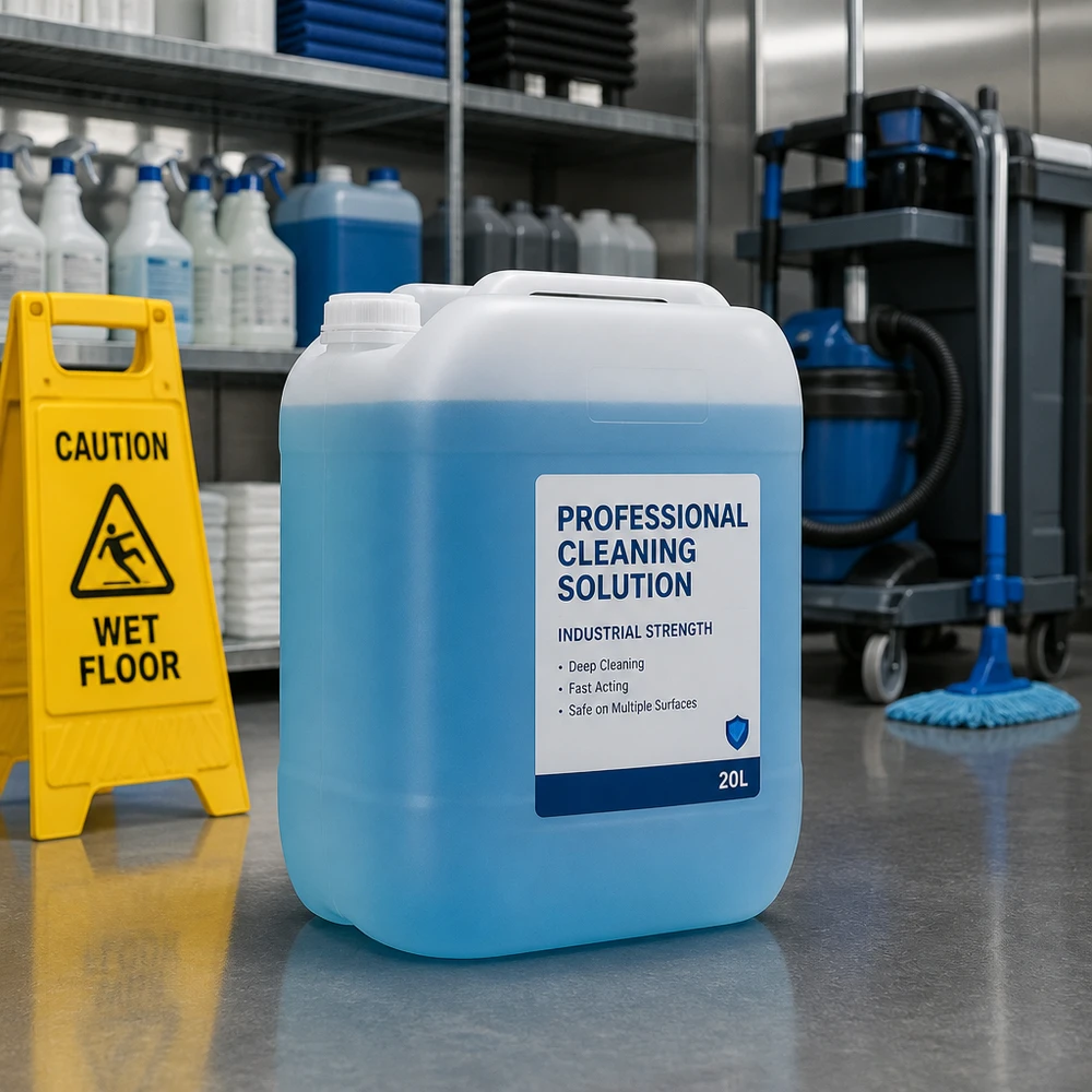 Jerrican de 30 litres sans bouchon Bidon bleu de 20 litres contenant une solution de nettoyage professionnelle dans un entrepôt industriel