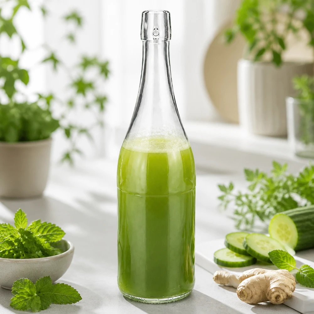 Bottiglia in vetro da 750 ml senza tappo UNiTWIST Bottiglia di vetro UNiTWIST da 750 ml riempita di frullato verde tra erbe fresche cetriolo zenzero sana alimentazione