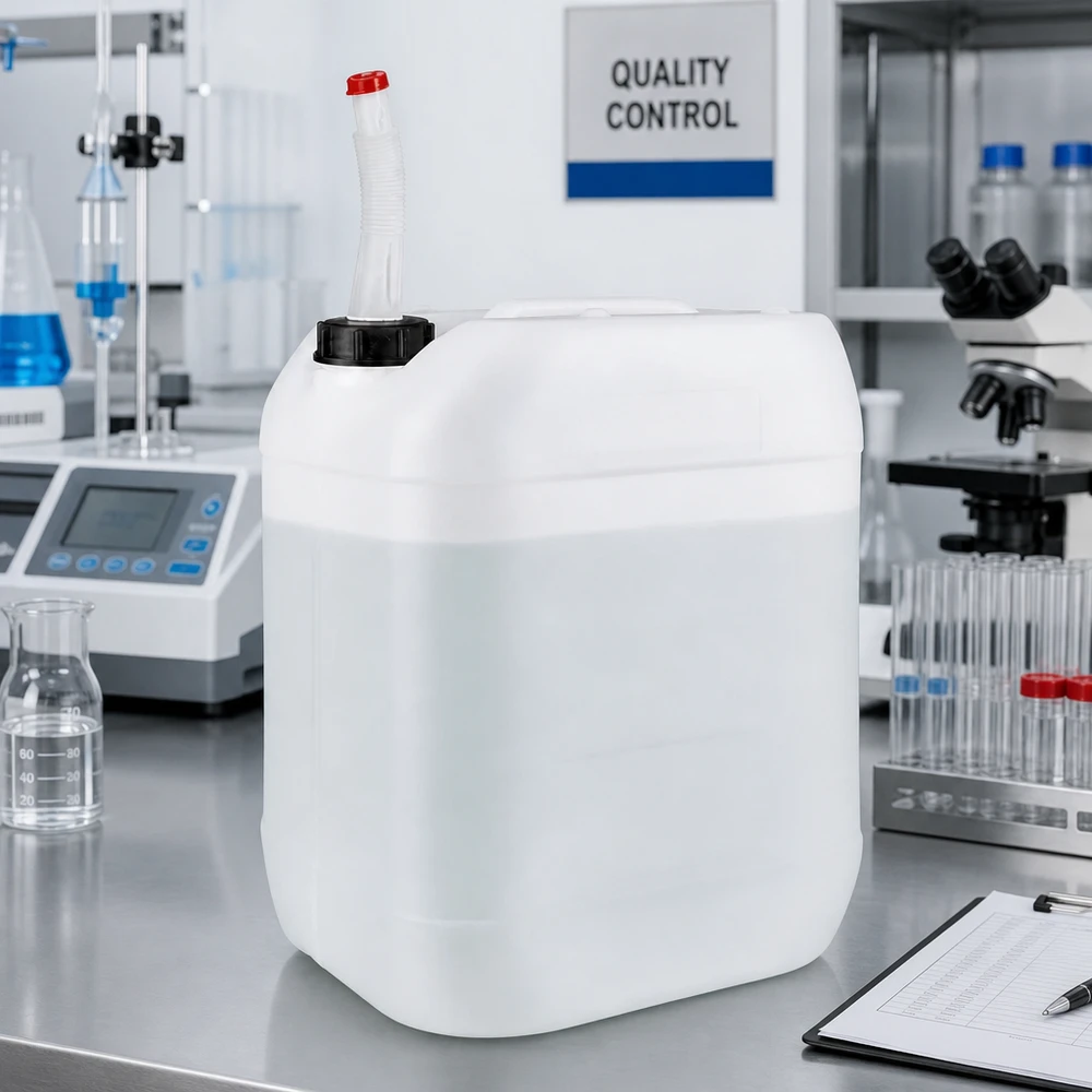 Bidon 20 litres avec tuyau d'écoulement Flex Bidon translucide de 20 litres muni d'un bec verseur flexible, utilisé dans un laboratoire de contrôle qualité