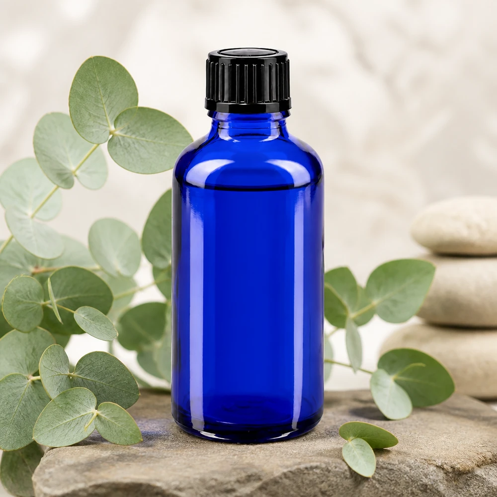 Flacon en verre d'apothicaire bleu de 50 ml avec un bec verseur de 1 mm et un bouchon noir posé sur une pierre naturelle