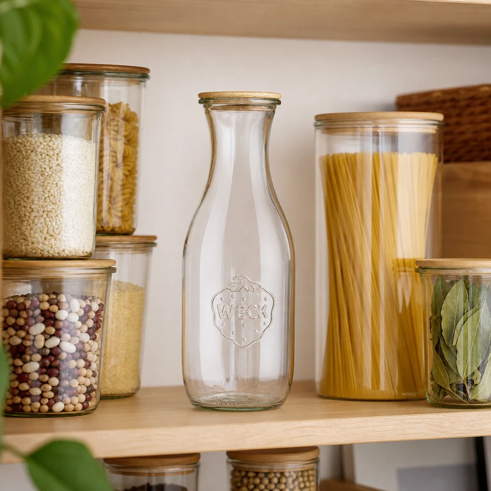 1062ml Saftflasche WECK RR60 mit Holzdeckel WECK Saftflasche 1062ml leer mit Holzdeckel in organisierter Speisekammer zwischen Vorratsgläsern mit Nudeln und Gewürze