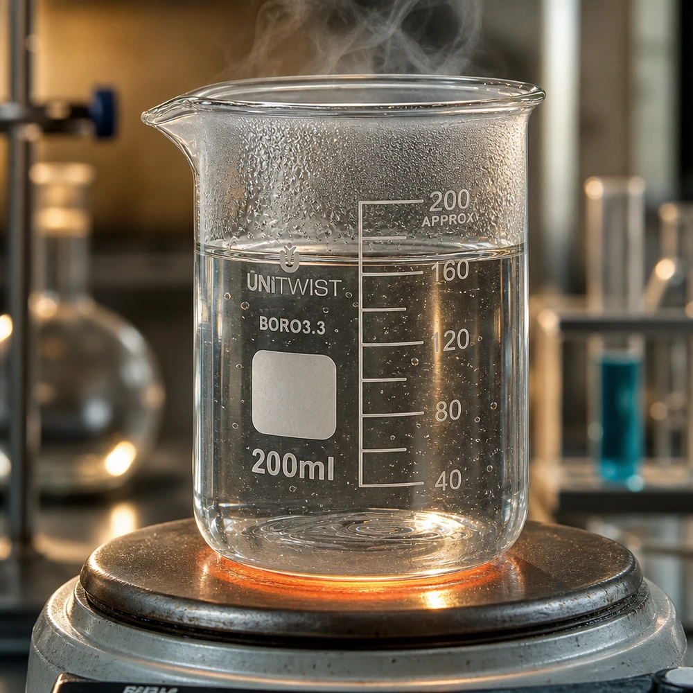 Bicchiere da 200 ml in borosilicato, stampo basso UNiTWIST Un becher da 200 ml posto su una piastra riscaldante con acqua fumante dimostra la resistenza al calore del borosilicato 3.3