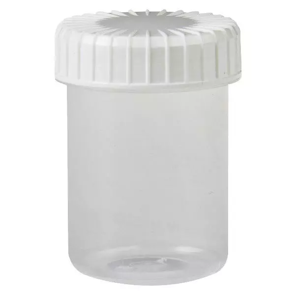 Pot en plastique transparent 40 ml + couvercle à vis blanc strié en PE, fermeture standard Pot en plastique transparent 40 ml + couvercle à vis blanc strié en PE, fermeture standard