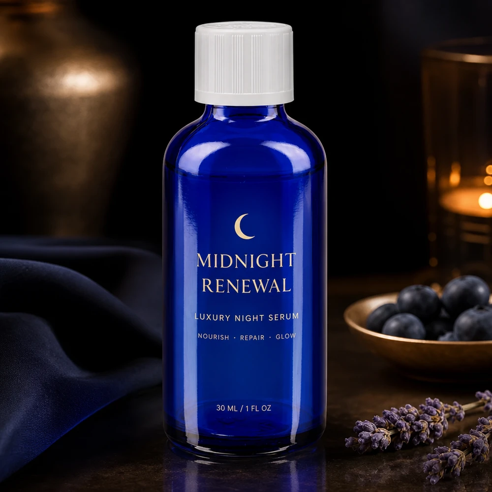 Petit flacon en verre de 30 ml, bleu royal, avec bouchon à vis blanc et compte-gouttes, pour sérum de nuit