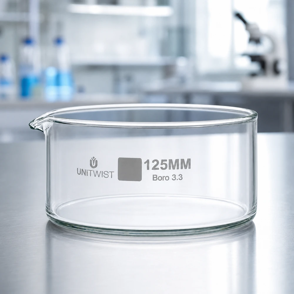 Cristallisoir ø125mm verre borosilicaté UNiTWIST Coupelle de cristallisation ø 125 mm UNiTWIST en verre borosilicaté Boro 3.3, vide, posée sur une table en acier inoxydable dans un laboratoire