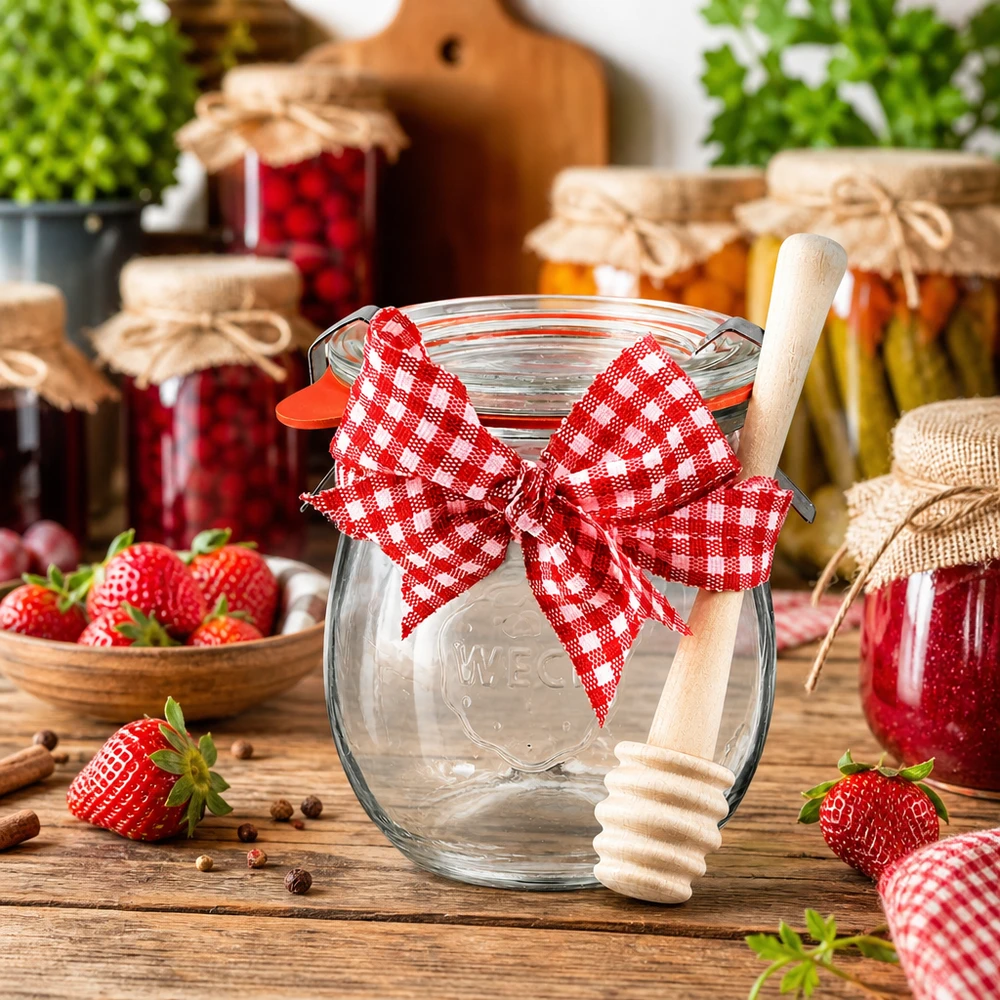 Vaso da conserva WECK da 220 ml con nastro rosso e cucchiaio da miele in legno, circondato da vasetti di marmellata e fragole