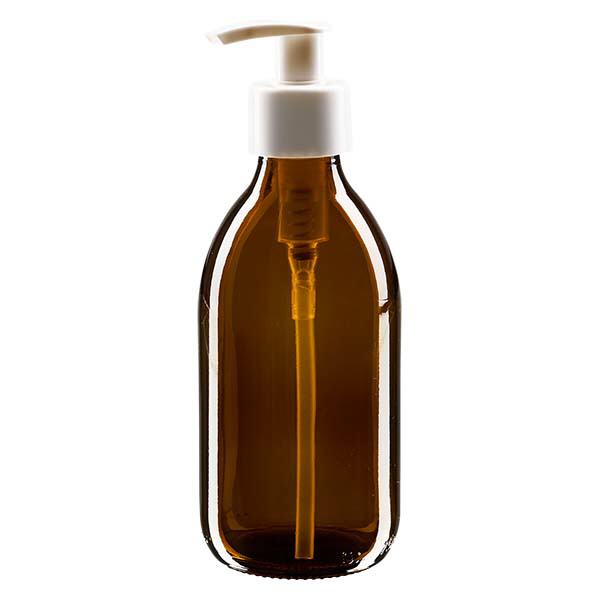 Flacone per medicinali da 250 ml marrone, con pompa dosatrice bianca ApoGlas Flacone per medicinali da 250 ml marrone, con pompa dosatrice bianca ApoGlas